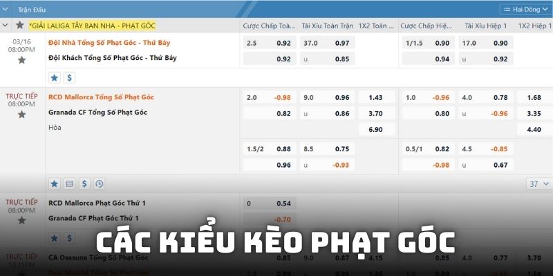 Các loại kèo phạt góc khác nhau cho thành viên lựa chọn